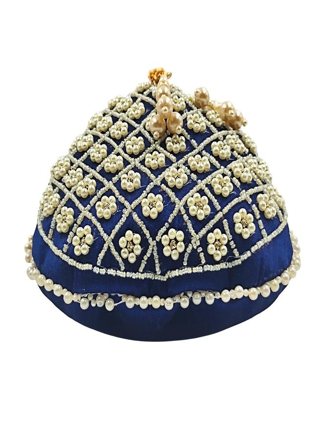 exotique Blue Embroidered Potli Bag for Women | Designer Silk Potli with Pearl Bead Handle & Tassels | Bridal, Wedding & Festive Pouch | HW0020BL - Image 4